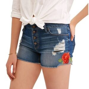 No Boundaries Rose Embroidered Distressed Denim Jean Shorts Size 15